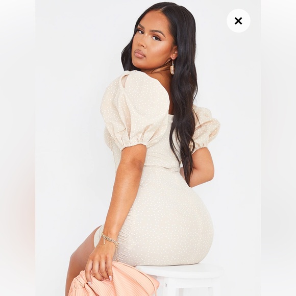 NWT PrettyLittlething Stone Polka Dot Binding Detail Ruched Hem Bodycon Dress - Picture 2 of 7